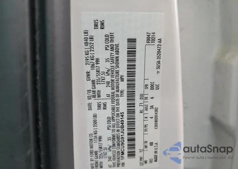 2018 Ford Escape Se из США, поврежденный, VIN 1FMCU9G91JUB49145